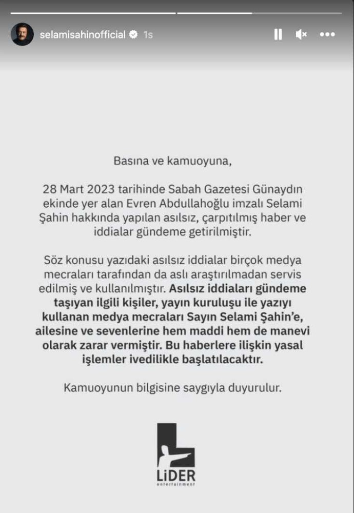 ünlü sanatçı Selami Şahin, hakkında yapılan haberlerle ilgili sosyal medya sayfasından açıklamalarda bulunurken yasal işlem başlatacağını açıkladı.